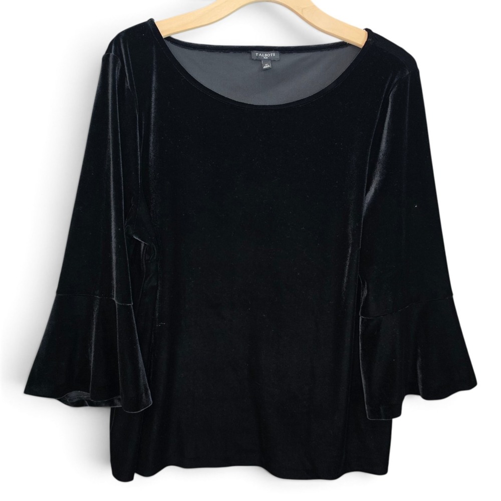 Talbots Top Womens 1X Blouse Black Velour Velvet 3/4 Flounce Sleeve Evening Boho